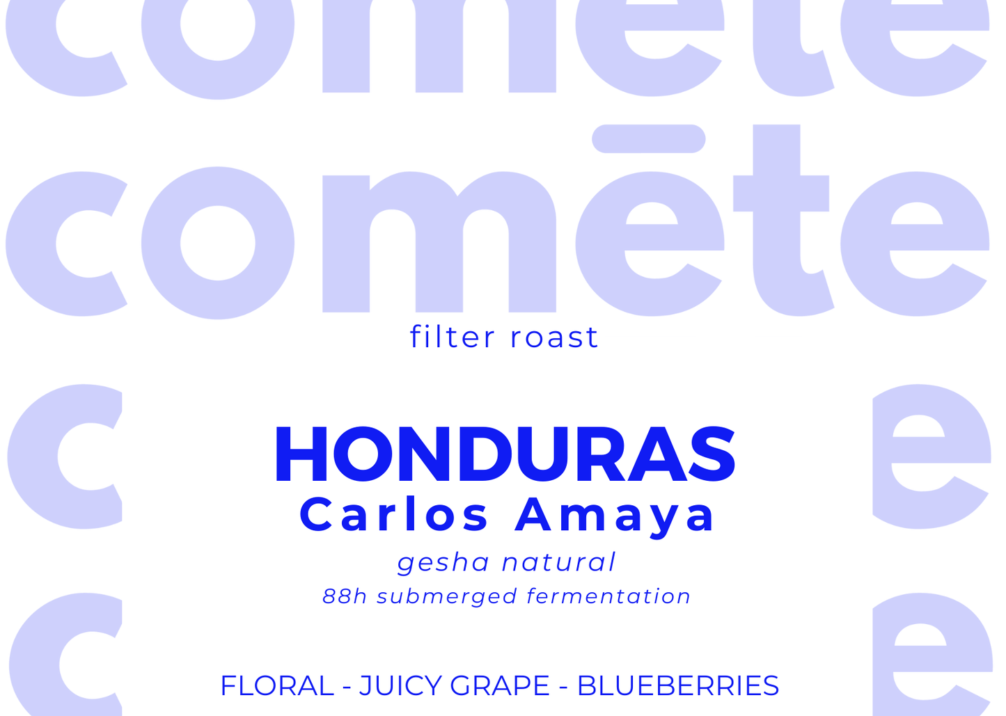 specialty coffee beans from Honduras, Carlos Amaya, Finca Las Huertas, natural process, gesha / geisha, 88h submerged fermentation, notes of : floral, juicy grape, blueberries.