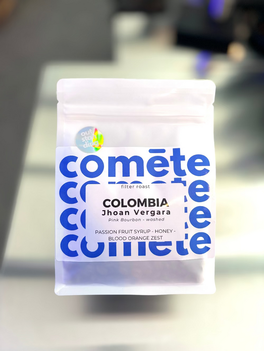 coffee beans from Colombia Jhoan Vergara, washed thermal shock, passion fruit syrup, honey, blood orange peel